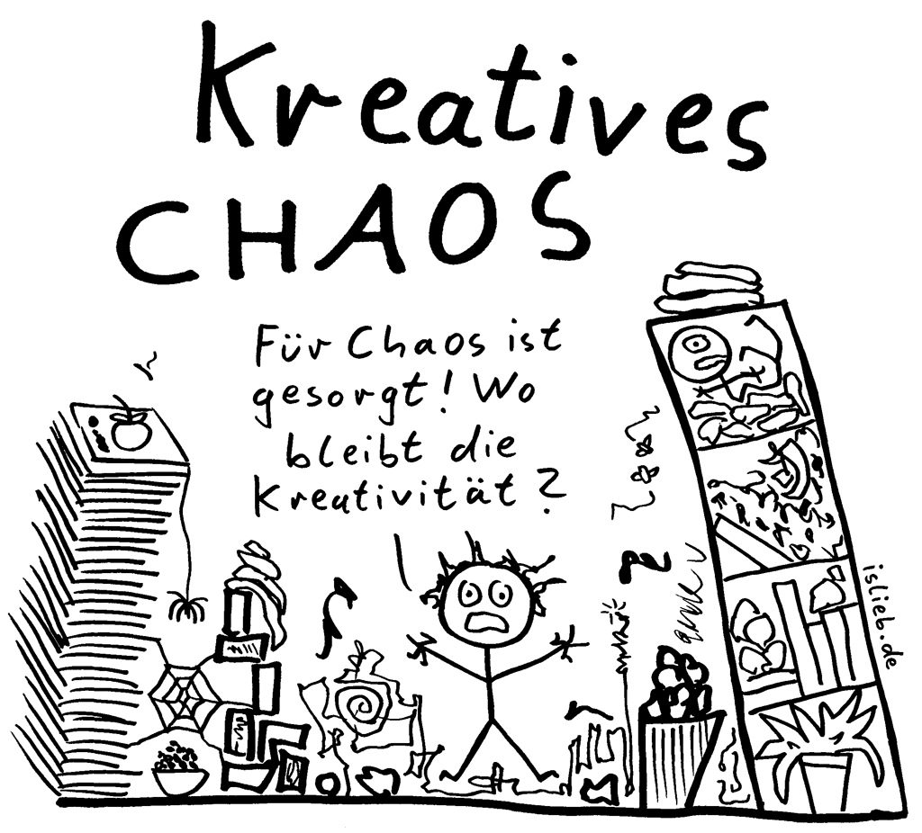 Kreatives Chaos | Strichmännchen-Cartoon | is lieb? | Für Chaos ist gesorgt! Wo bleibt die Kreativität? | Künstler, Unordnung, Inspiration