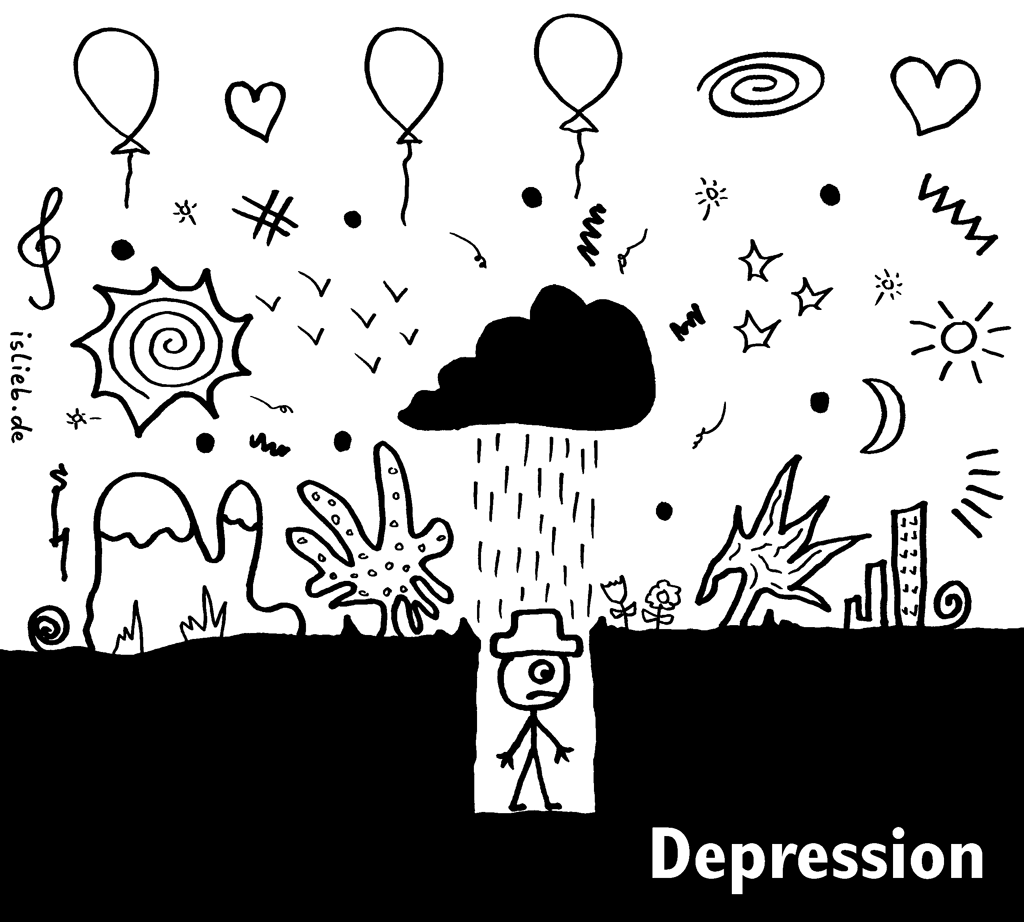 Depression | Strichmännchen-Cartoon | is lieb? | traurig, depressiv, schwarze Wolke, Loch
