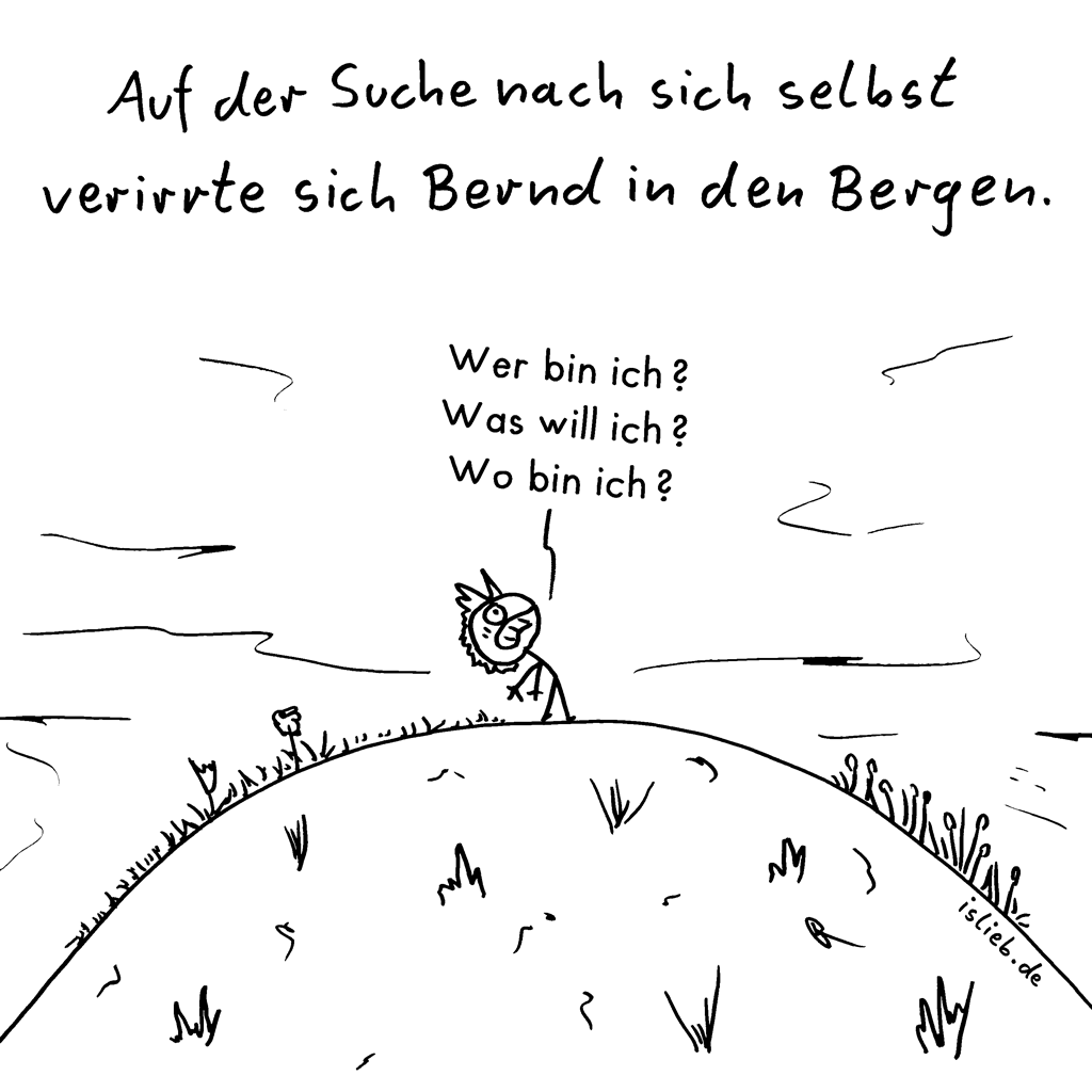 Selbstfindung | Strichmännchen-Cartoon | is lieb? | Auf der Suche nach sich selbst verirrte sich Bernd in den Bergen. Wer bin ich? Was will ich? Wo bin ich?