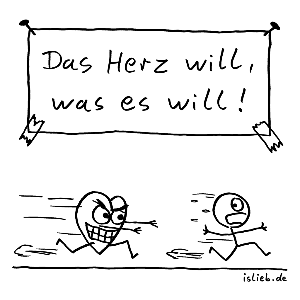 Herzenswunsch | Strichmännchen-Cartoon | is lieb? | Das Herz will, was es will! | Liebe, Jagd, jagt, jagen, fliehen, Verfolgung