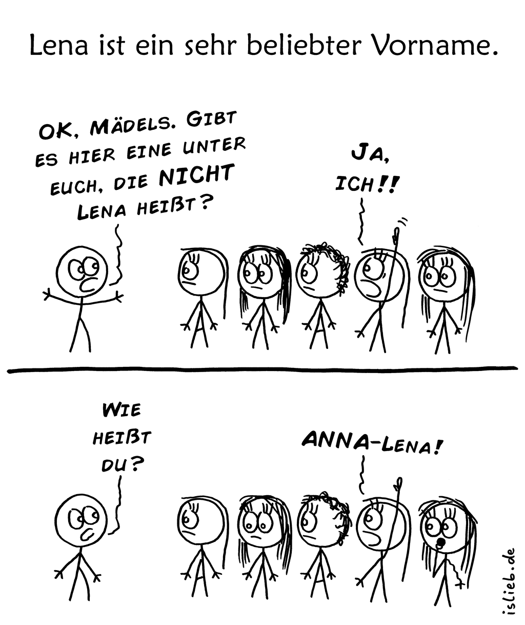 Lena | Mädchennamen-Comic | is lieb? | Lena ist ein sehr beliebter Vorname. OK, Mädels: Gibt es hier eine unter euch, die NICHT Lena heißt? Ja, ich! Wie heißt du? Anna-Lena!