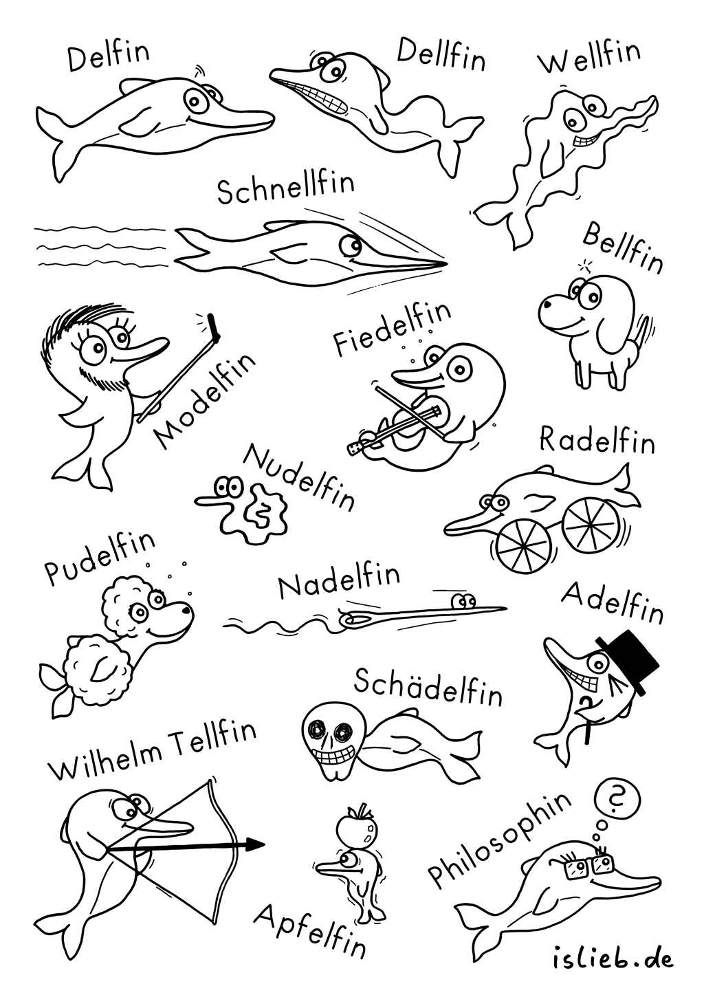 Comic-Collage, bestehend aus: Delfin, Dellfin, wellfin, Schnellfin, Bellfin - ein kleiner Hund, Selfin, Fidelfin, Nudelfin, Pudelfin, Nadelfin, Radelfin, Schädelfin, Knuddelfin und einer Philosophin.